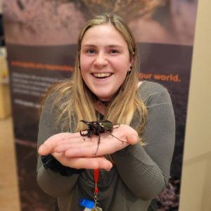 Photo of MBHI team member, Ashley, holding a large beetle in her hands.